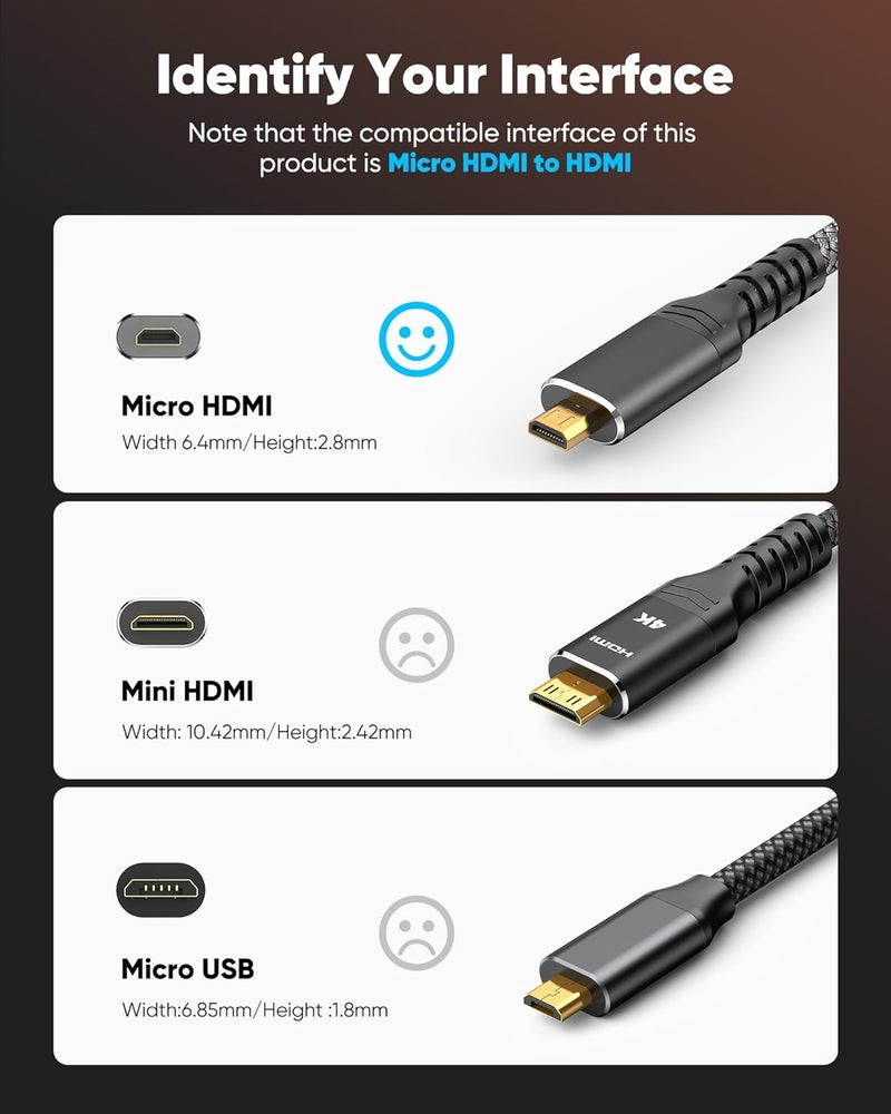Highwings 4K Micro HDMI to HDMI Cable 3.3 FT, Micro Male to HDMI Male Cable Nylon Braided Cord Adapter 2.0 4K@60HZ 2K@165HZ 18Gbps Compatible with Laptop Camera Monitor HDMI to Micro HDMI Black - Image 5